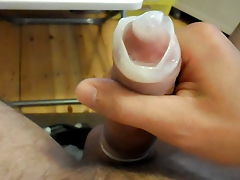 Shaved Cock Huge Nopped adn Rilled Condom Cumshot Close Up