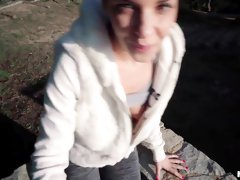 Russian chick Henessy gives a blowjob for cash in public place