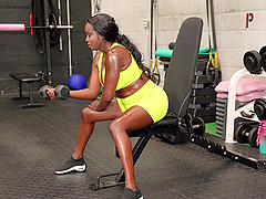Fit black babe Naomi Foxxx fucking with a janitor in the gym