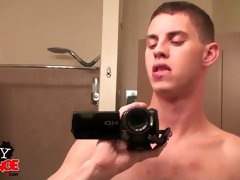 Solo dude jerking off his massive raging cum gun in the bathroom