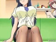 Anime hottie in glasses gets big tits teased in close-up