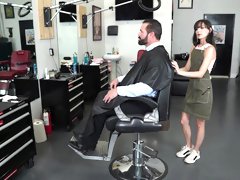 Serena Hill sucks and rides a thick dick in the barber shop