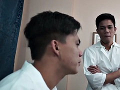 Slender Asian doctors bang after anal play and blowjob