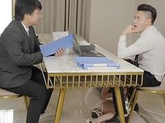Boss and Asian secretary have sex on the office desk! Anal creampie